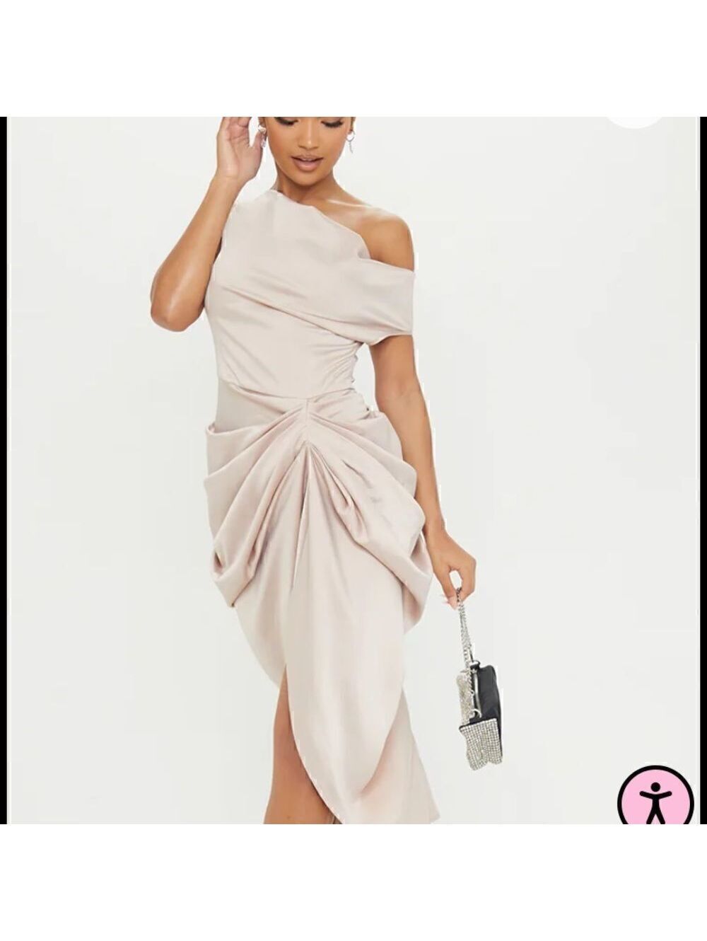PrettyLittleThing Satin Off-Shoulder Ruched Cocktail Formal Midi Dress US4 NWT